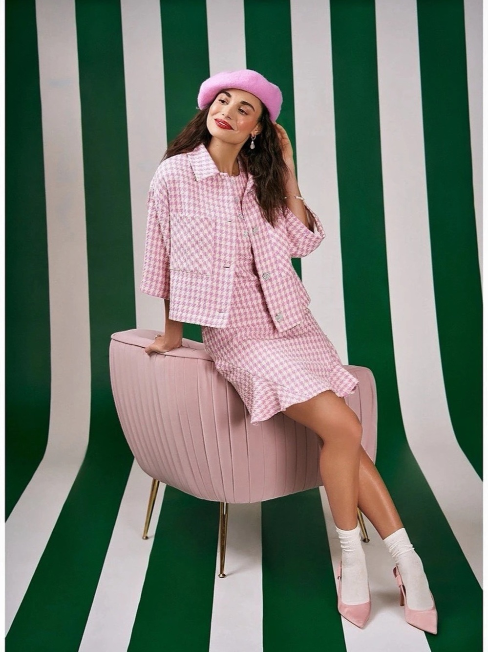 CeCe Pink Houndstooth Tweed Fit & Flare Dress Size 14